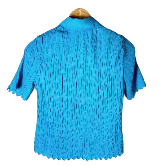 Vintage 90s Rene Margo Turquoise Blue Crinkle Pleated SS Button Down Top Size S - Picture 11 of 11